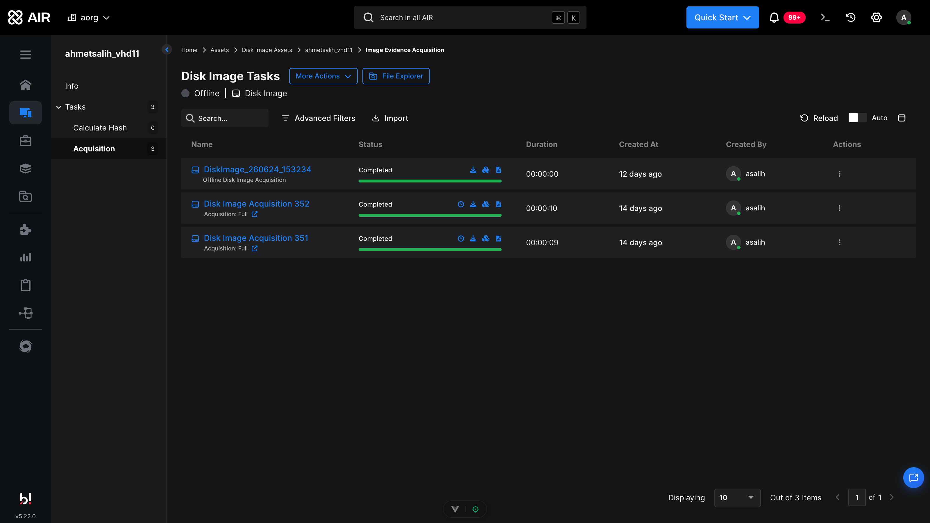 Disk Image Tasks list with completed Disk Image Acquisition tasks